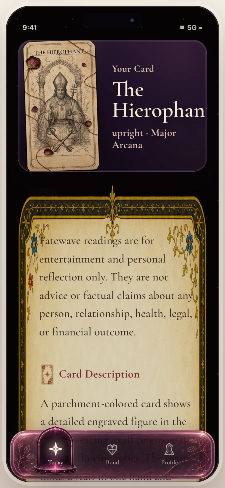 Fatewave result screen with tarot card and Signal Clarity section