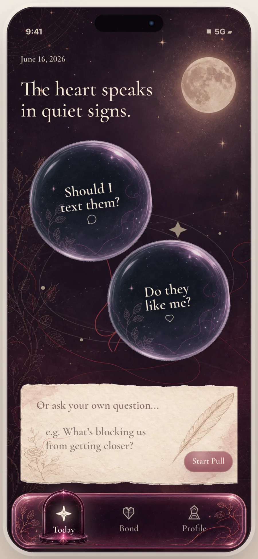 Fatewave start screen with crush tarot question bubbles